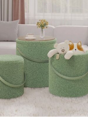 Set of 3 Round Storage Ottomans with Tray Lid - Boucle Green