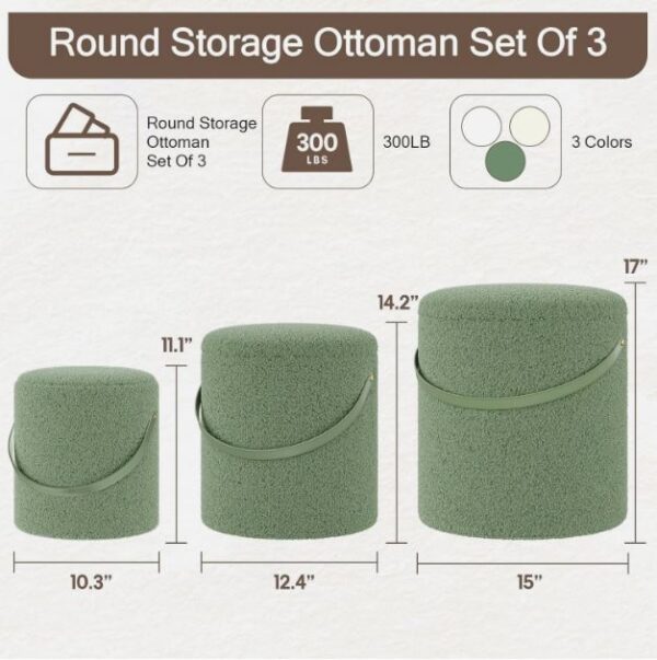 22 Set of 3 Round Storage Ottomans with Tray Lid - Boucle Green