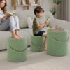 23 Set of 3 Round Storage Ottomans with Tray Lid - Boucle Green