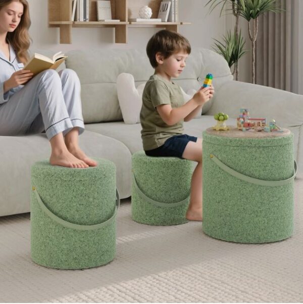 23 Set of 3 Round Storage Ottomans with Tray Lid - Boucle Green